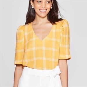 NWOT A New Day | Golden Yellow V-neck Plaid Top